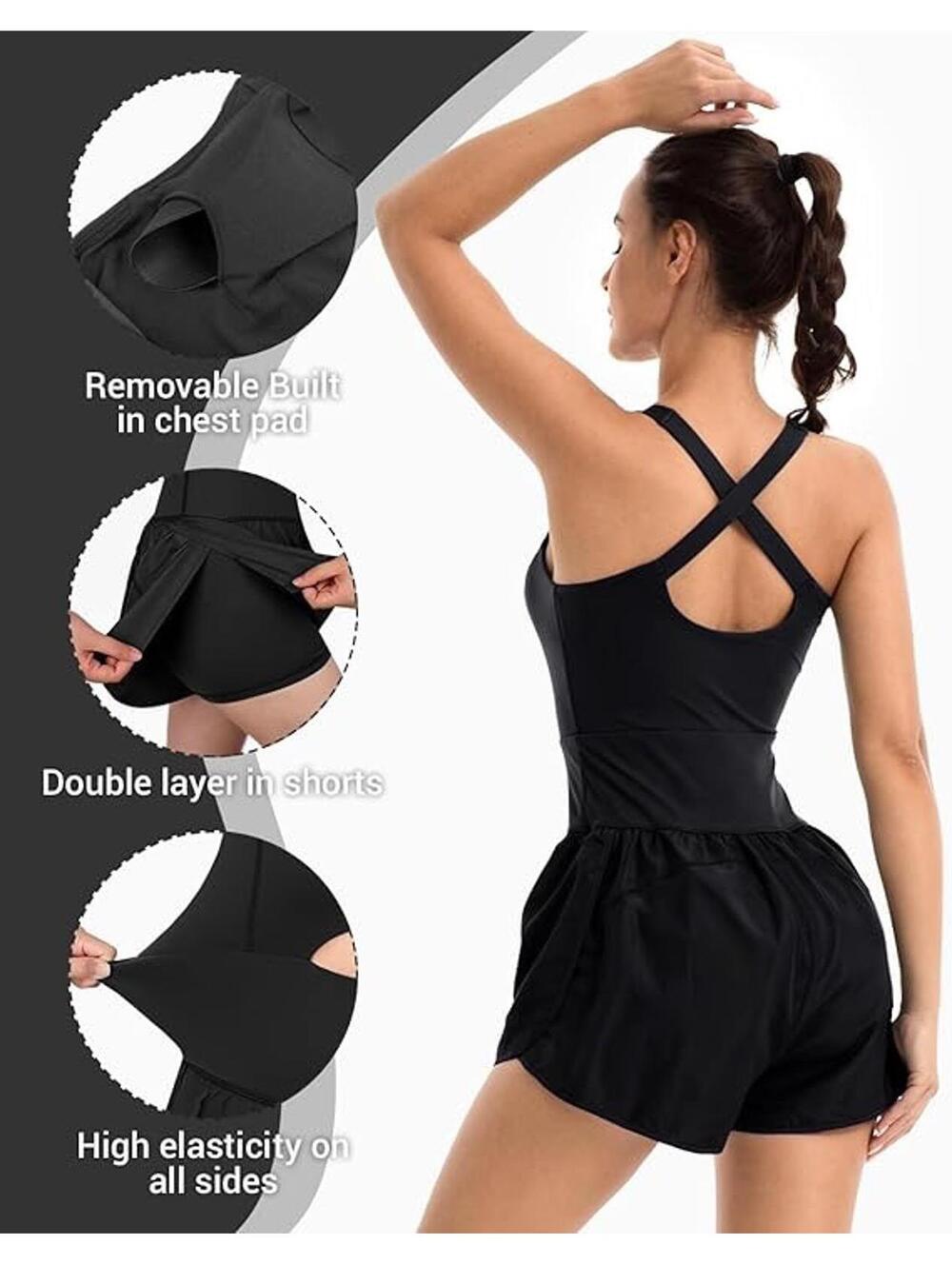 Wenlia Women's Workout Romper Black Built-In Bra & Shorts- Sz LARGE